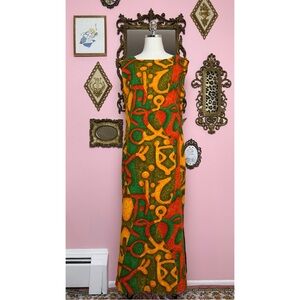 Vintage Made in Hawaii Hawaiian Cotton Barkcloth Pattern Dress XL Extra Large 16